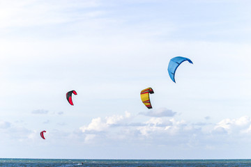 A colorful group of kite surfing parachutes making the most of the wind and surf.