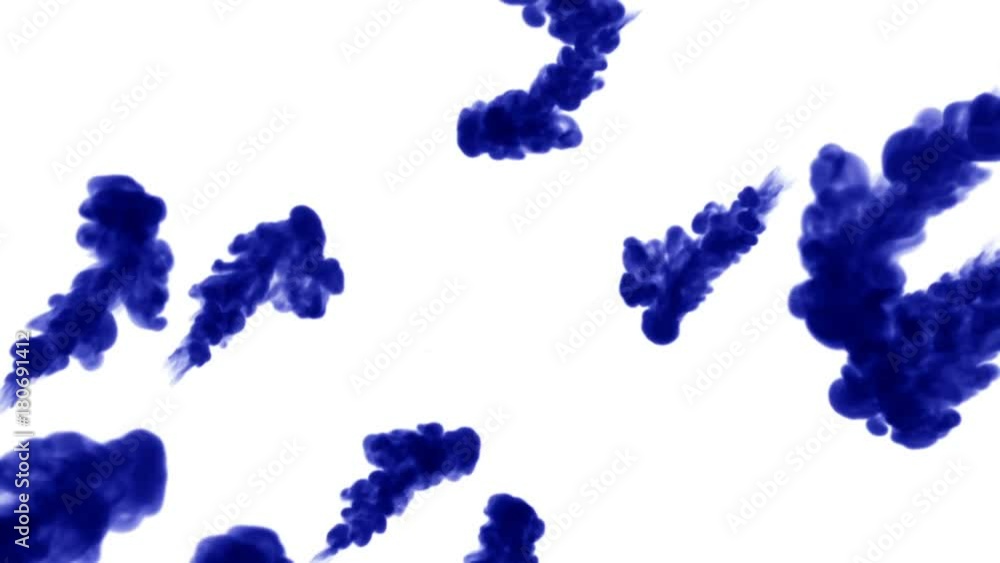Poster a lot of flows of isolated blue ink injects. blue tint clouds in water , shot in slow motion. use fo