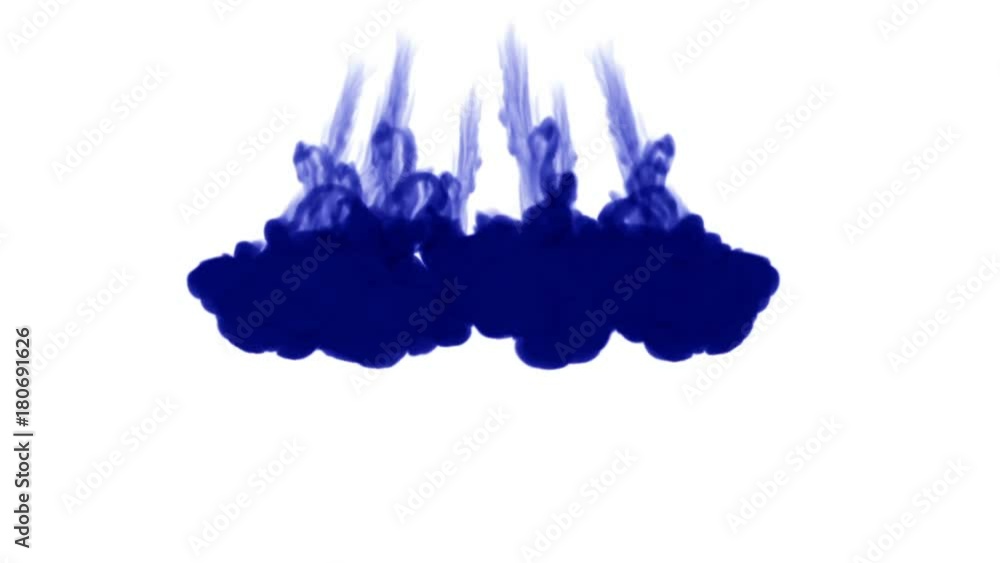 Poster a lot of flows of isolated blue ink injects. blue paint clouds in water , shot in slow motion. use f