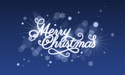 Merry Christmas greeting card. Blue glowing vector background with snowflakes, glitter, star and hand drawn curves.