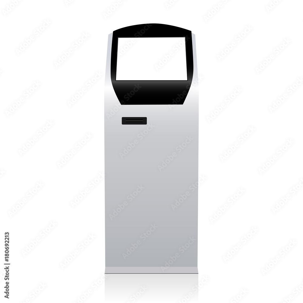 Poster touch screen kiosk for electronic payments - front view. self-service terminal mockup with blank scr