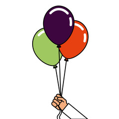 cartoon hand holding three balloons celebration event vector illustration