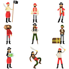 Naklejka premium Collection of flat cartoon pirate characters in different situations, robbers and treasure hunters