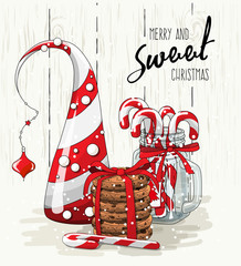 Christmas theme, abstract christmas tree, stack of cookies with red ribbon and candy canes in glass jar, illustration