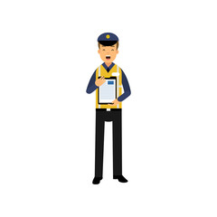 Cartoon character of city road police officer in uniform standing with clipboard in hands