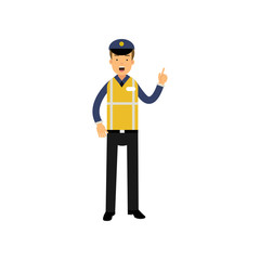 Cartoon traffic policeman standing and showing thumb up gesture, road police