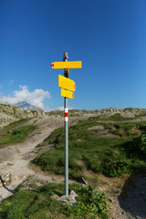 Alpine pass of San Bernardino in Switzerland signs with path directions