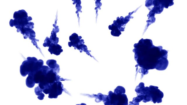 A lot of flows of isolated blue ink injects. Blue A lot of flows of isolated blue ink injects. Color drop in water , shot in slow motion. Use for inky background or backdrop with smoke or ink effects