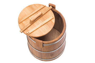 oak vase for pickling vegetables top view, isolated on white