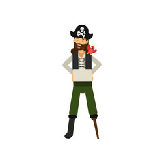 Flat cartoon character of cheerful bearded pirate captain with wooden leg and red parrot on shoulder