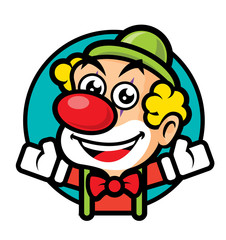 Cartoon happy clown welcome you with two hands open. Mascot character. Vector illustration.