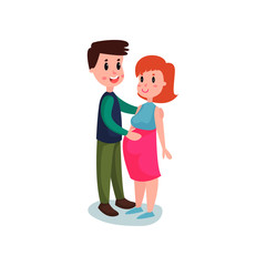 Fototapeta premium Young happy couple, cheerful man touching belly of pregnant woman. Beautiful expectant mother. Parenthood. Flat vector.
