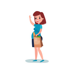 Pregnant woman character walking with paper bag with food and waving her hand. Cheerful female expecting baby shopping. Pregnancy time.
