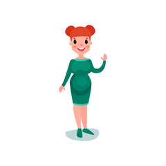 Pregnant woman character standing and waving her hand. Smiling female in green dress and red hair expecting baby.