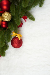 Obraz na płótnie Canvas christmas decoration as background, gifts, xmas ball, cone and other object on white blank space fur, holiday concept, place for text