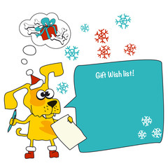 Cool yellow dog mascot cartoon. Funny winter xmas animal in Santa hat with Christmas gift wish list. New Year Vector illustration.