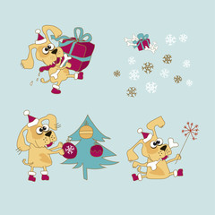 Cool yellow dog mascot. Cartoon set. Funny winter xmas animal in Santa hat with gift box. Christmas and Chinese New year Vector illustration