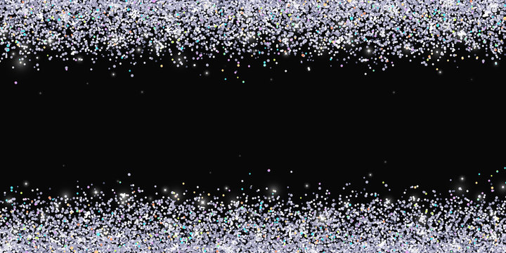 Border silver glitter with multi-colored highlights on black background. Vector