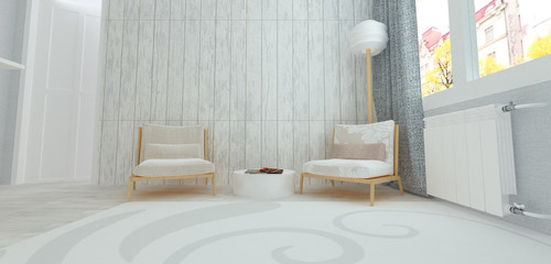 Lounge area with two cozy armchairs in modern flat, white colors, rustic Scandinavian style