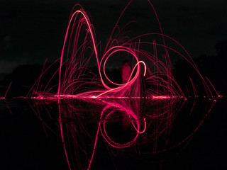 light lines of steel wool with long exposure, speed motion abstract background in the dark night