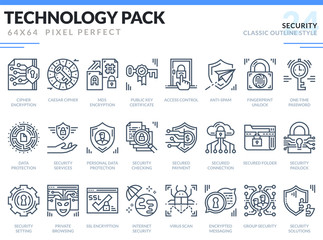 Security Icons Set. Technology outline icons pack. Pixel perfect thin line vector icons for web design and website application. - obrazy, fototapety, plakaty