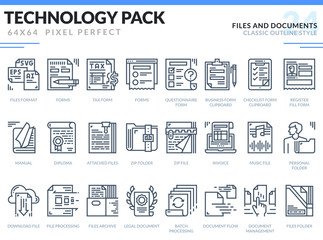 Files and Documents Icons Set. Technology outline icons pack. Pixel perfect thin line vector icons for web design and website application.