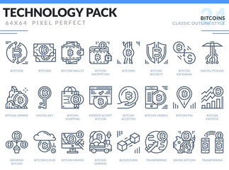 Bitcoins Icons Set. Technology outline icons pack. Pixel perfect thin line vector icons for web design and website application.