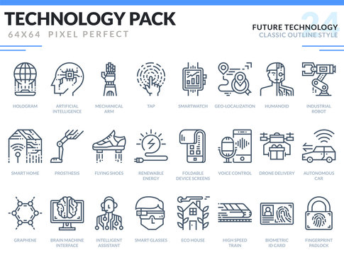 Future Technology Icons Set. Technology outline icons pack. Pixel perfect thin line vector icons for web design and website application.