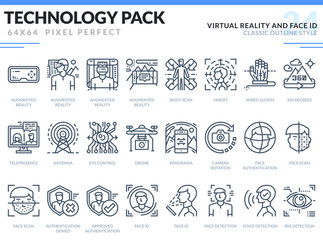 Virtual Reality and Face ID Icons Set. Technology outline icons pack. Pixel perfect thin line vector icons for web design and website application.