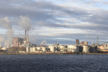 Naklejka premium Pulp factory with lot of smoke comming out of chimneys
