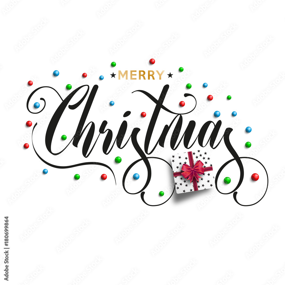 Poster merry christmas inscription decorated with red, green, blue beads and gift box. vector illustration.