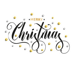 Merry Christmas inscription decorated with gold and silver beads. Vector illustration.