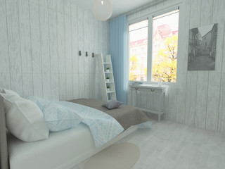 Small bedroom in rustic style with wooden walls, blue linen, decorative stairs, toilet table and window