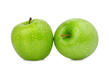 two whole whole green apple or granny smith apple with drop of water isloated on white background