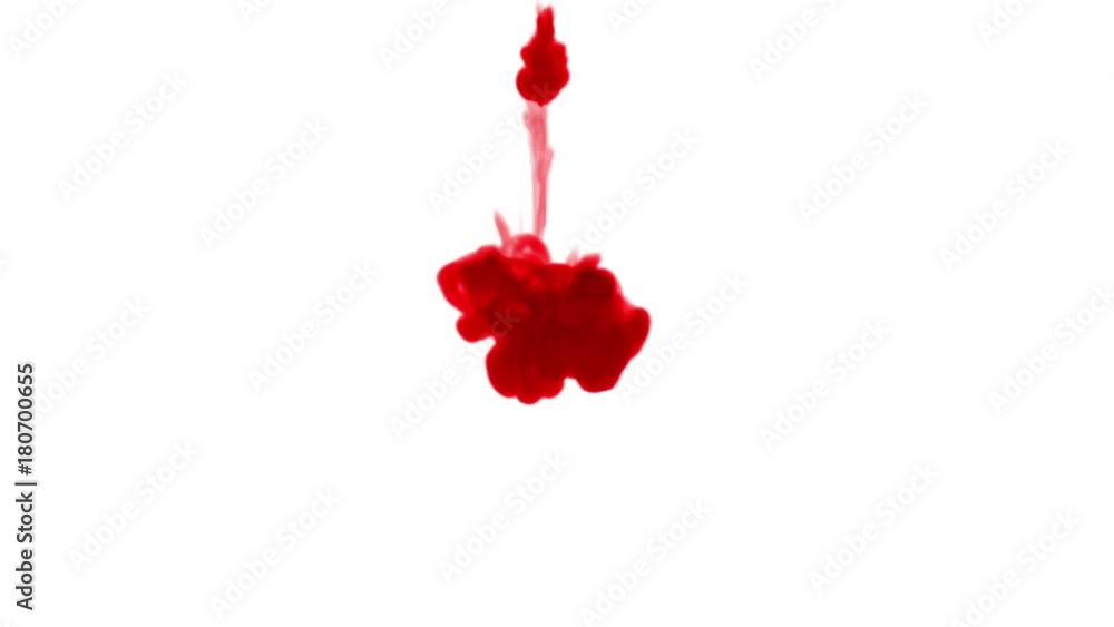 Poster close-up shot of a drop ink in liquid. red color mixes in water and move in slow motion. use for ink