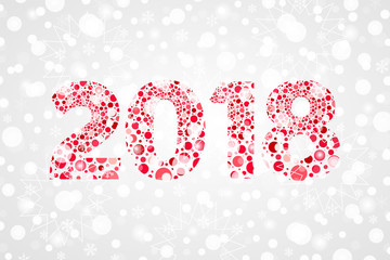 2018 Happy New Year abstract bubbles vector illustration. Winter holiday snow symbol for celebration. Decorative red gray white gradient background with snowflakes, sparkles, lights