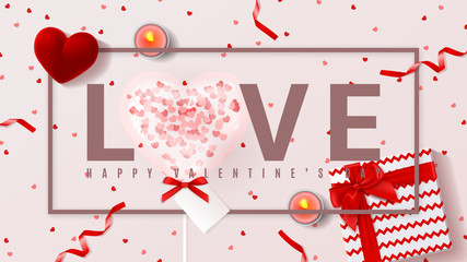 Festive Web Banner for Happy Valentine's Day. Top View on Composition with Realistic Transparent Pink Air Balloon with Confetti in the Form oh Heart, Gift Box and Candles. Vector Illustration.