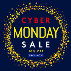 Naklejka na ściany i meble Cyber monday sale label banner yellow stars on navy blue background 50% off. Cyber Monday sale concept promotion for website display with text on blue background. Vector illustration