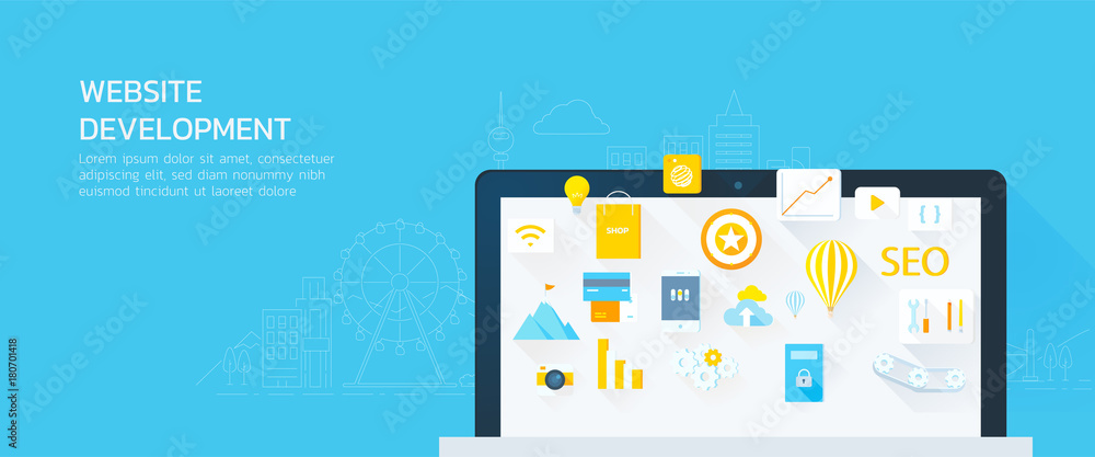 Wall mural website development with thin-line city on the background