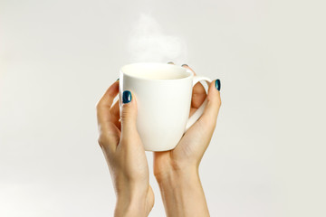 Female hand holding white empty glass mug. Isolated on gray background. Closeup