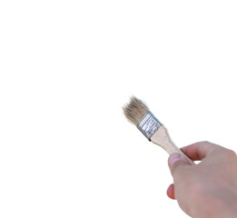 Hand painting with brush on white background. Closeup of the hand and wrist