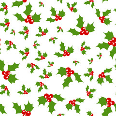 Holly berry. Seamless background with holly berries. Celebration christmas pattern. Vector illustration.