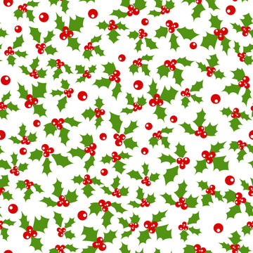 Holly berry. Seamless background with holly berries. Celebration christmas pattern. Vector illustration.