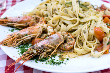 Pasta with Shrimp Dinner Dish on a the table