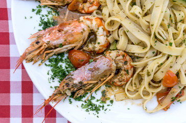 Pasta with Shrimp Dinner Dish on a the table