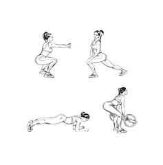 Girl in style of comic book make a fitness exercises. Vector illustration.