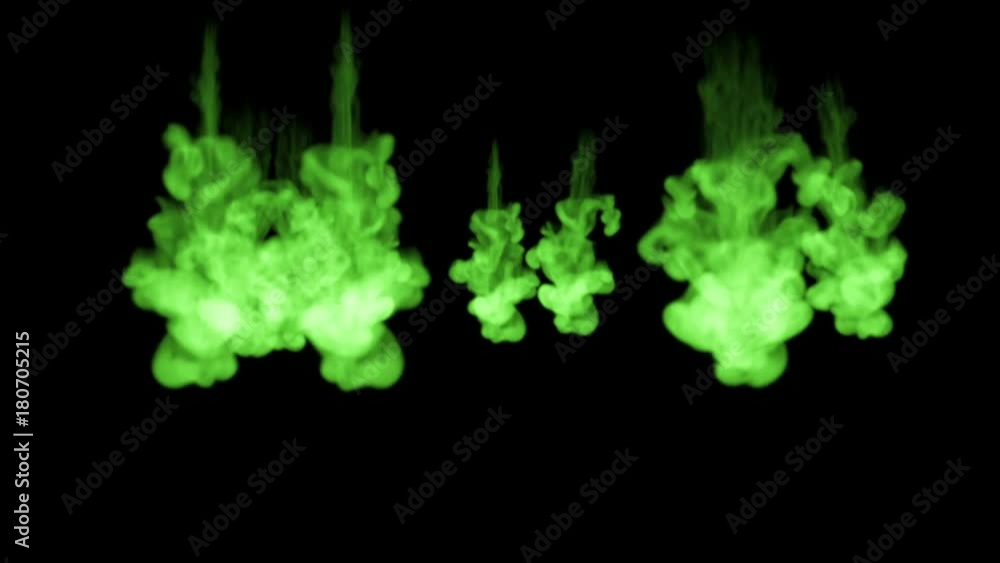 Poster fluorescent bright green gouache clouds in water , many drops ink . this is 3d render shot in slow m