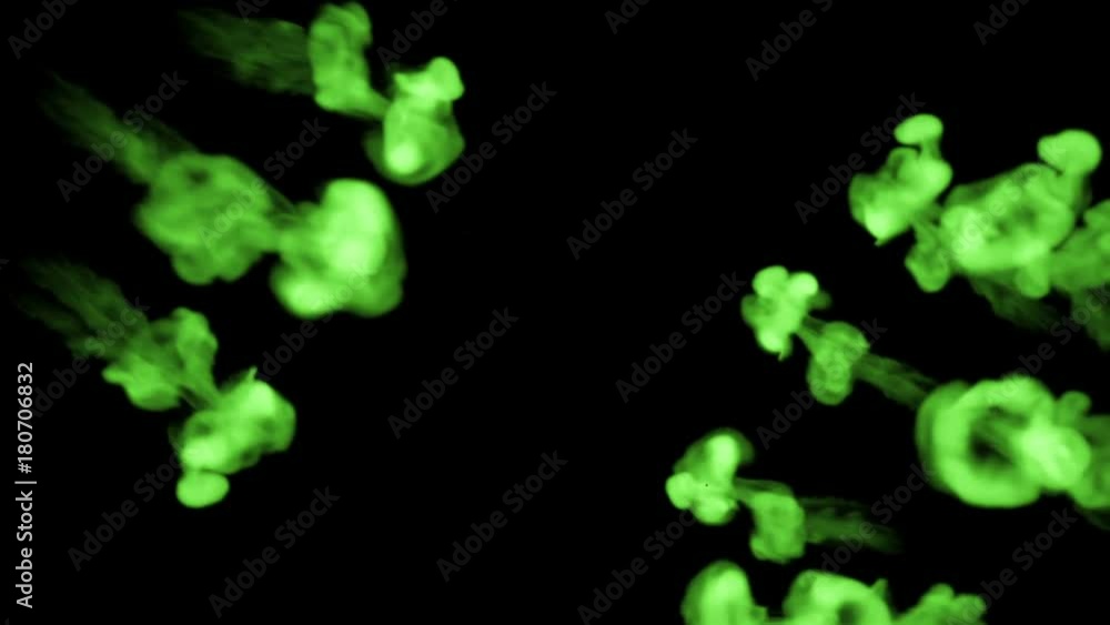 Poster fluorescent bright green writing ink float in water , many drops ink . this is 3d render shot in slo