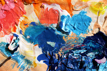  Abstract art background. Pigment acrylic colors on palette. 