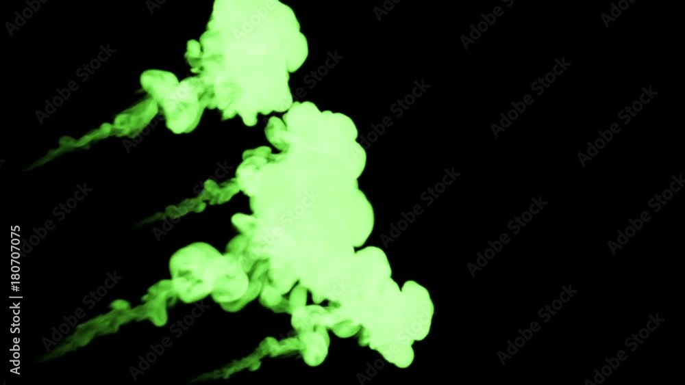 Poster fluorescent bright green pigment float in water , many drops ink . this is 3d render shot in slow mo